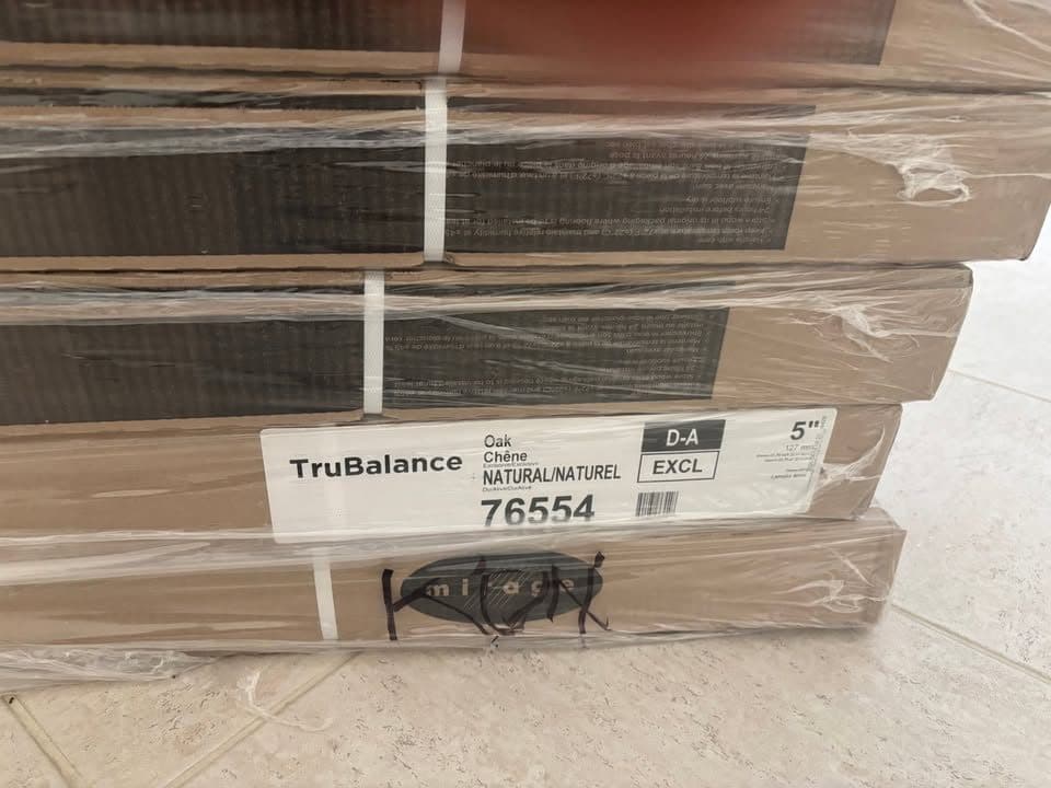 15 boxes, 340 sq. ft. Mirage Tru Balance Oak Exclusive Hardwood Floor, 3/4", 5" wide planks (22.7 sq. ft. per box). 4