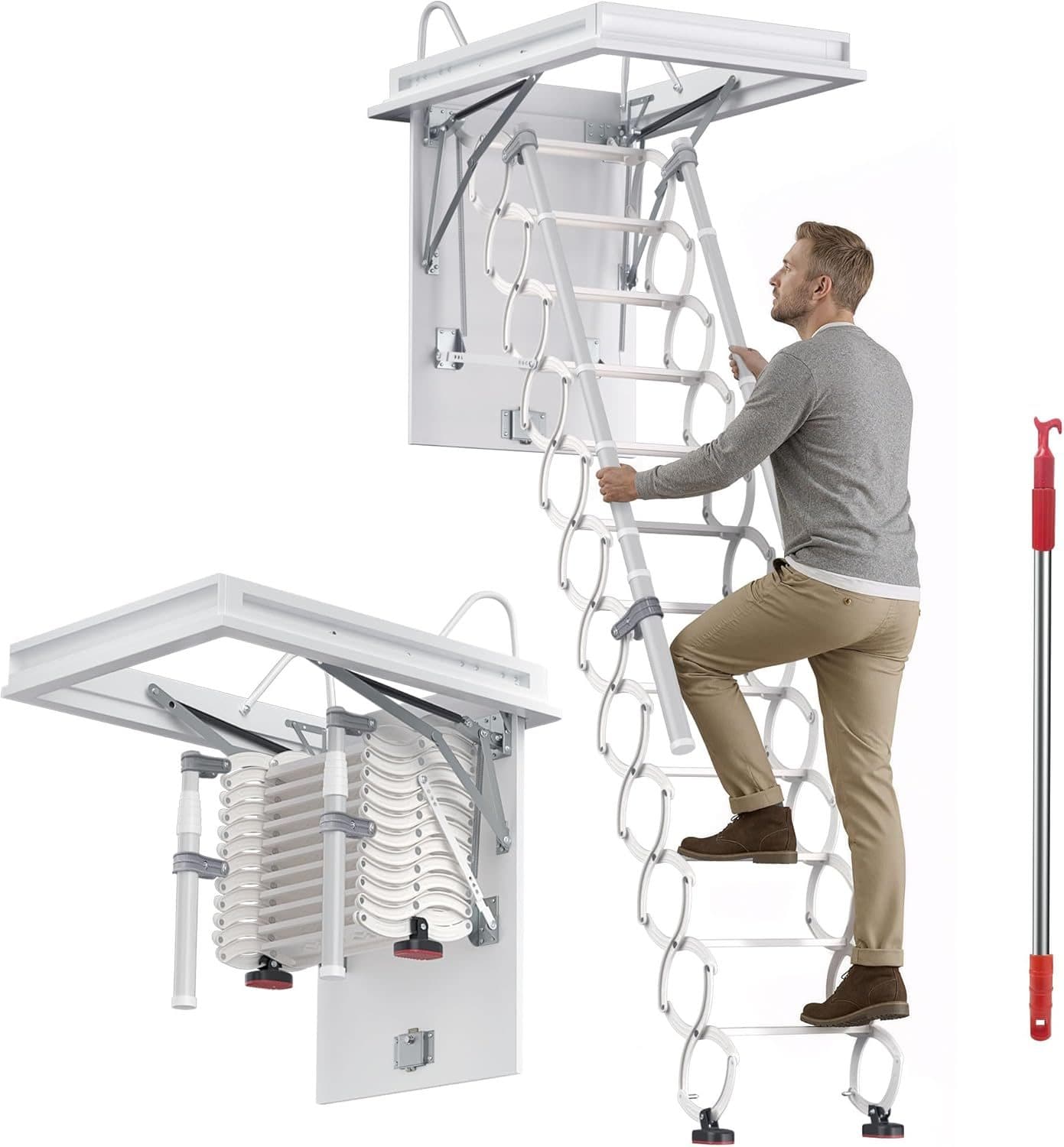 12-Step Retractable Attic Ladder with Handrails, 660 LBS Pull Down Ceiling Mount Loft Stairs for Garage Basement Attic A