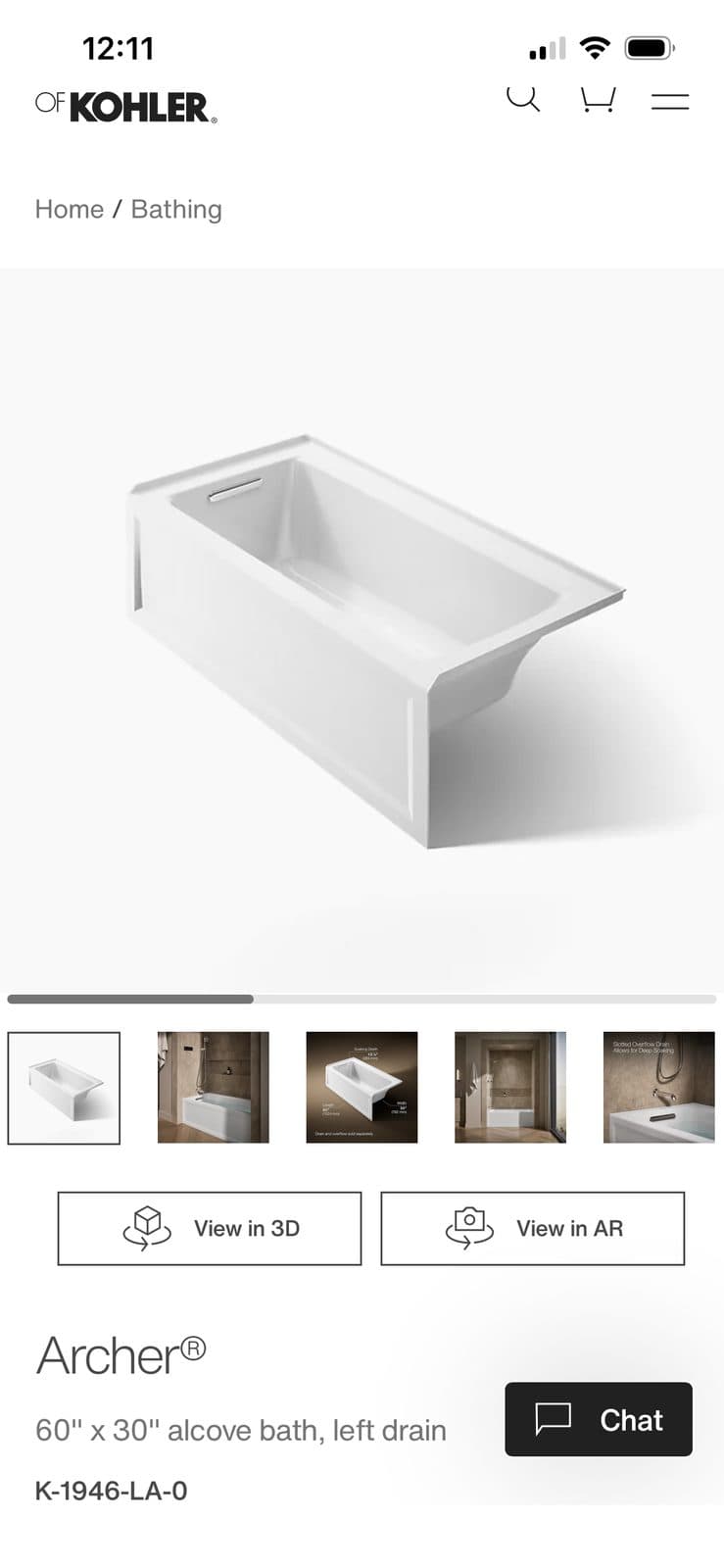 Kohler Archer 60x30 alcove tub, left drain