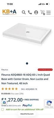 Fleurco ADQ4860-18 ADQ 60 L Inch Quad Base with Center Drain, Non Lucite and Non Textured, 48”x60”