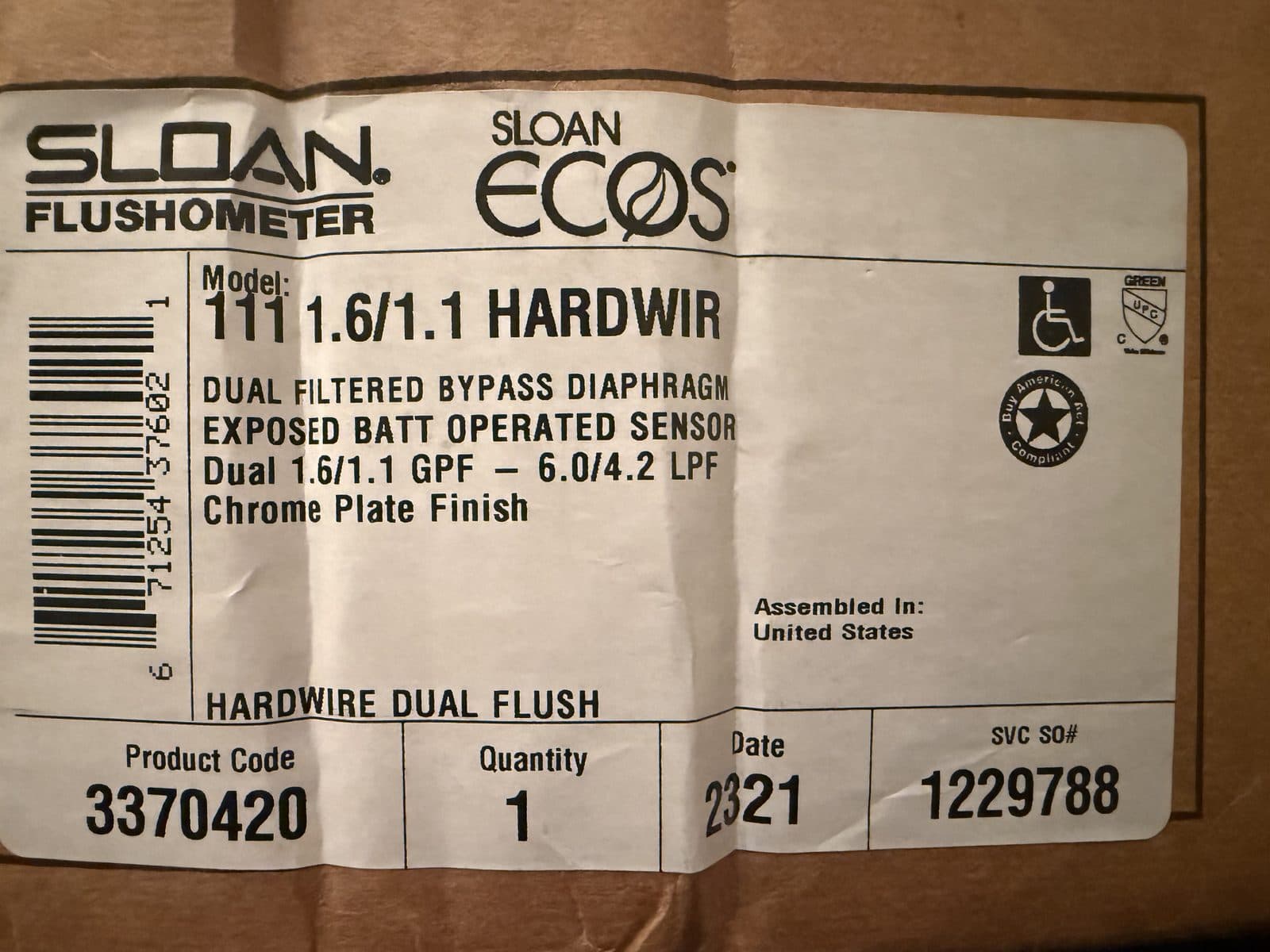 Sloan ECOS 111 Hardwired Dual-Flush Sensor Flushometer – 3370420 – New Open Box