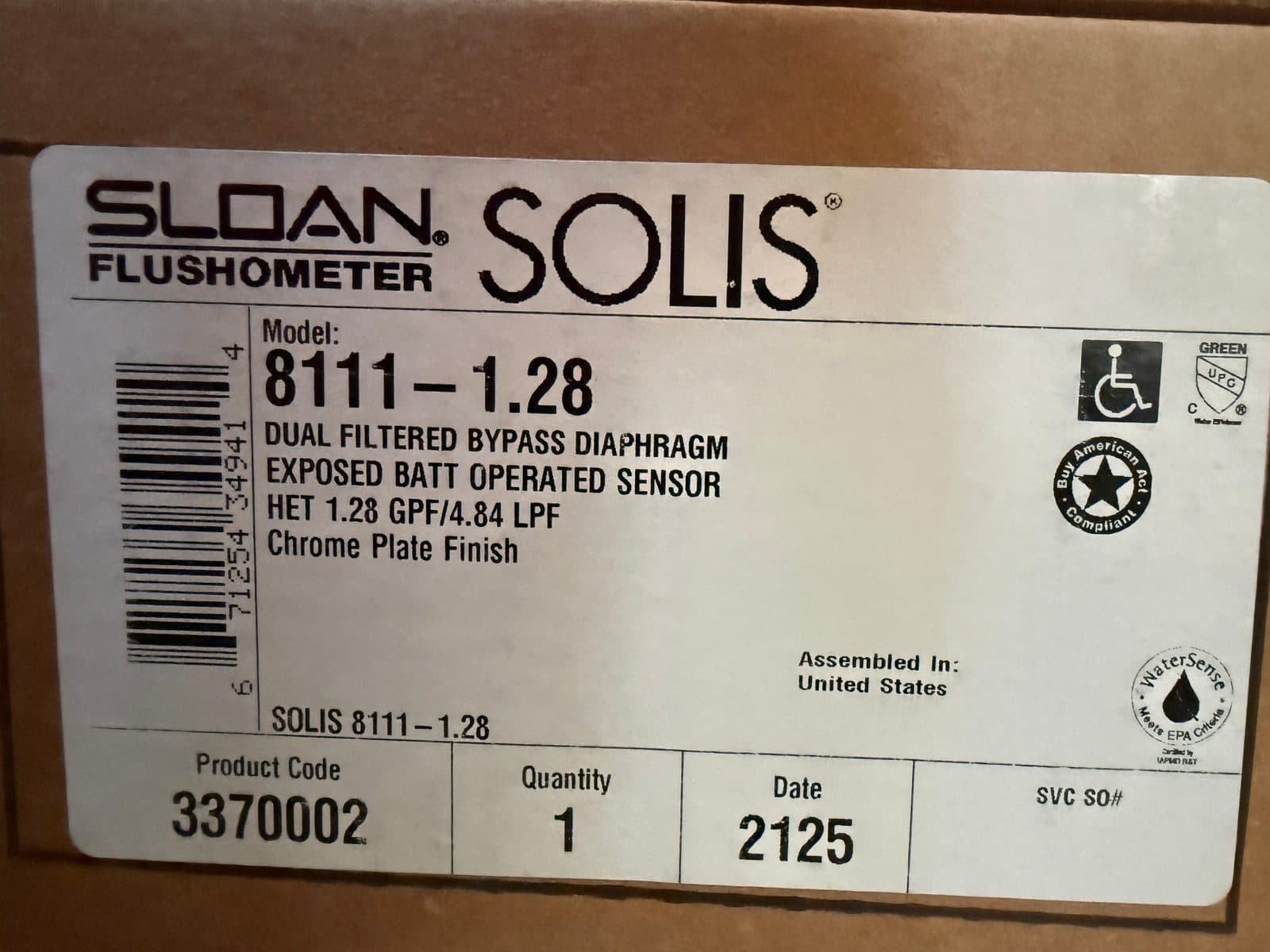 2 Sloan SOLIS 8111-1.28 Automatic Sensor Flushometers – 3370002 – New Open Box