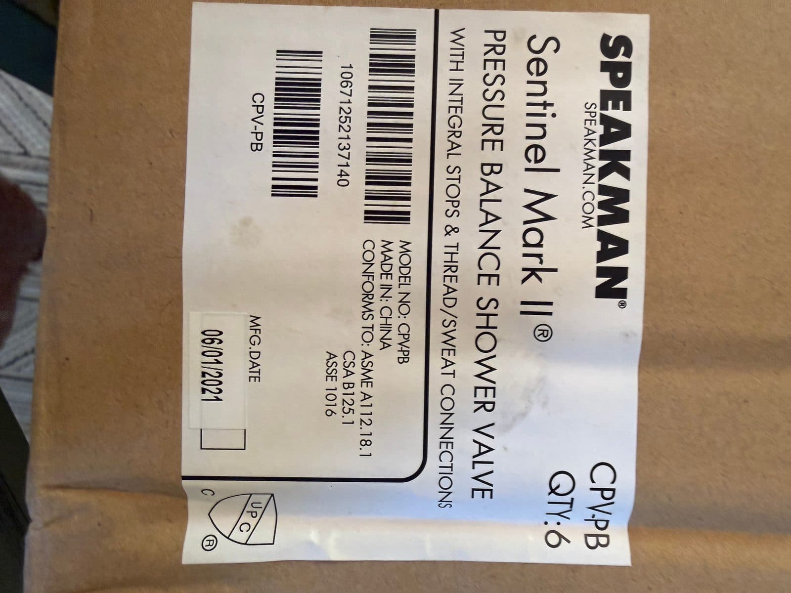 6 Speakman CPV-PB Sentinel Mark II Pressure Balance Shower Valves – NEW