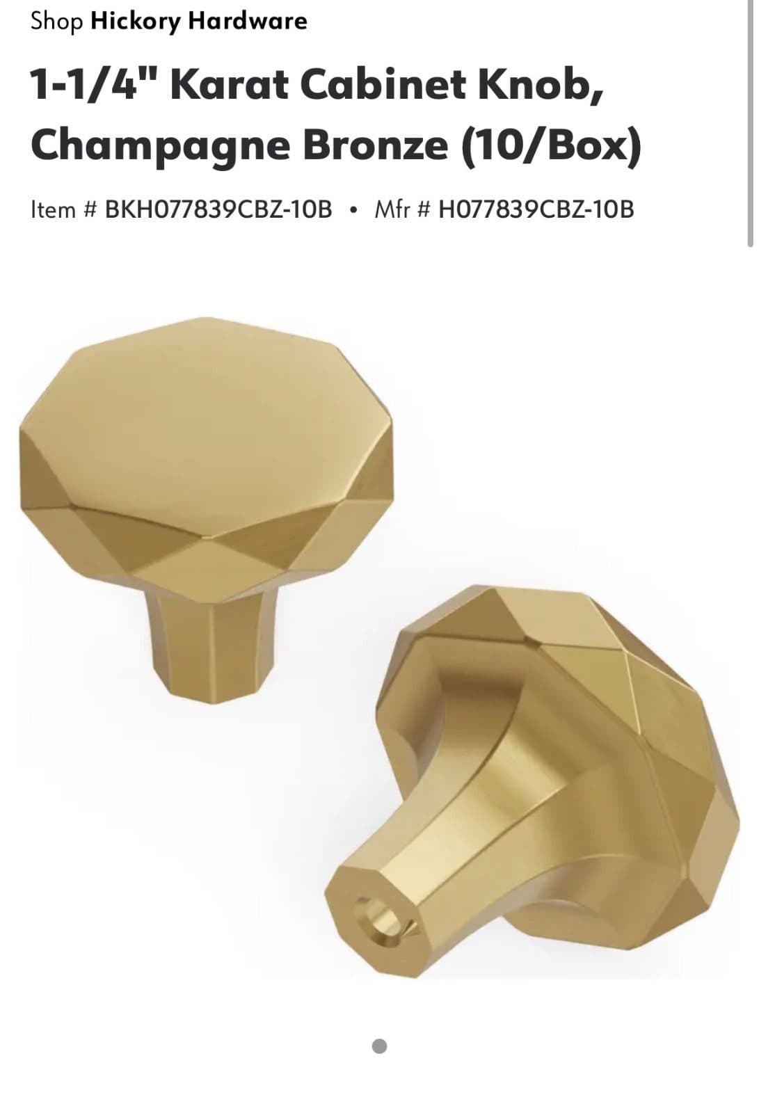 Handles and knobs for cabinets. Metal, champagne bronze color.