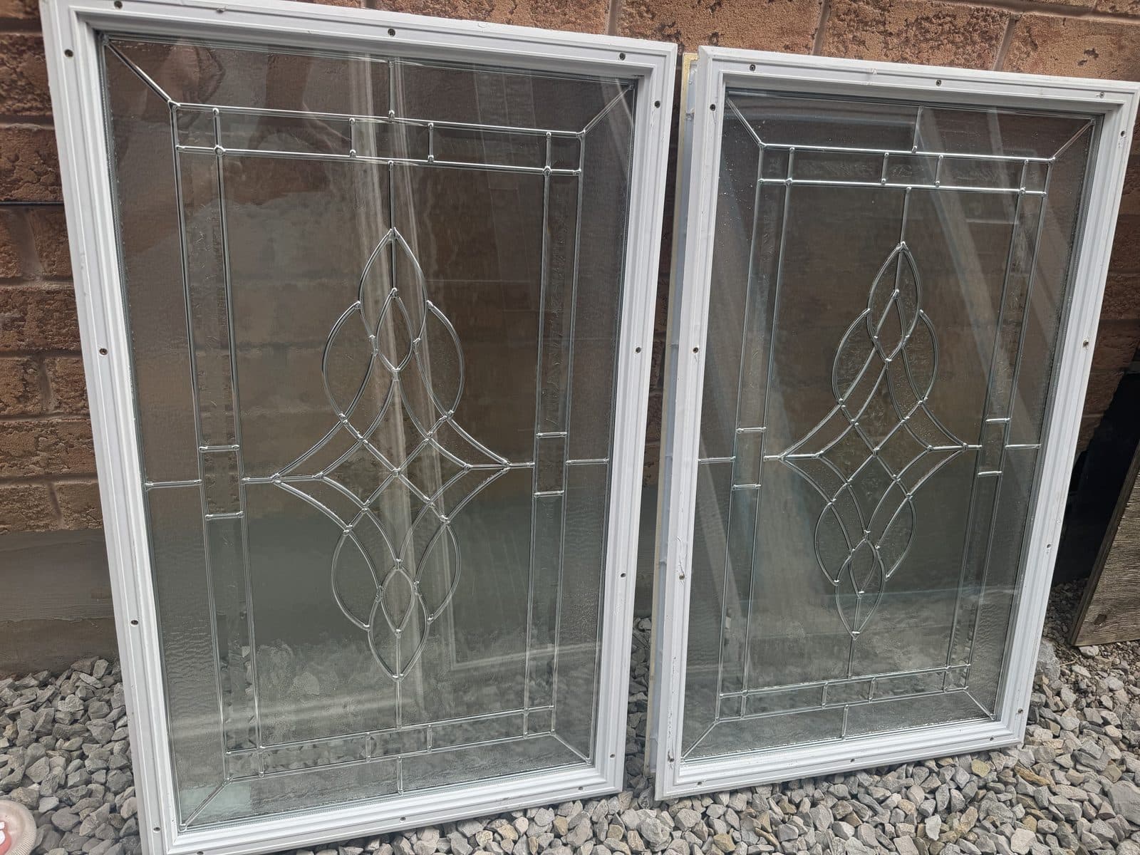Pair of Decorative Leaded Glass Window Inserts – 24” × 38”