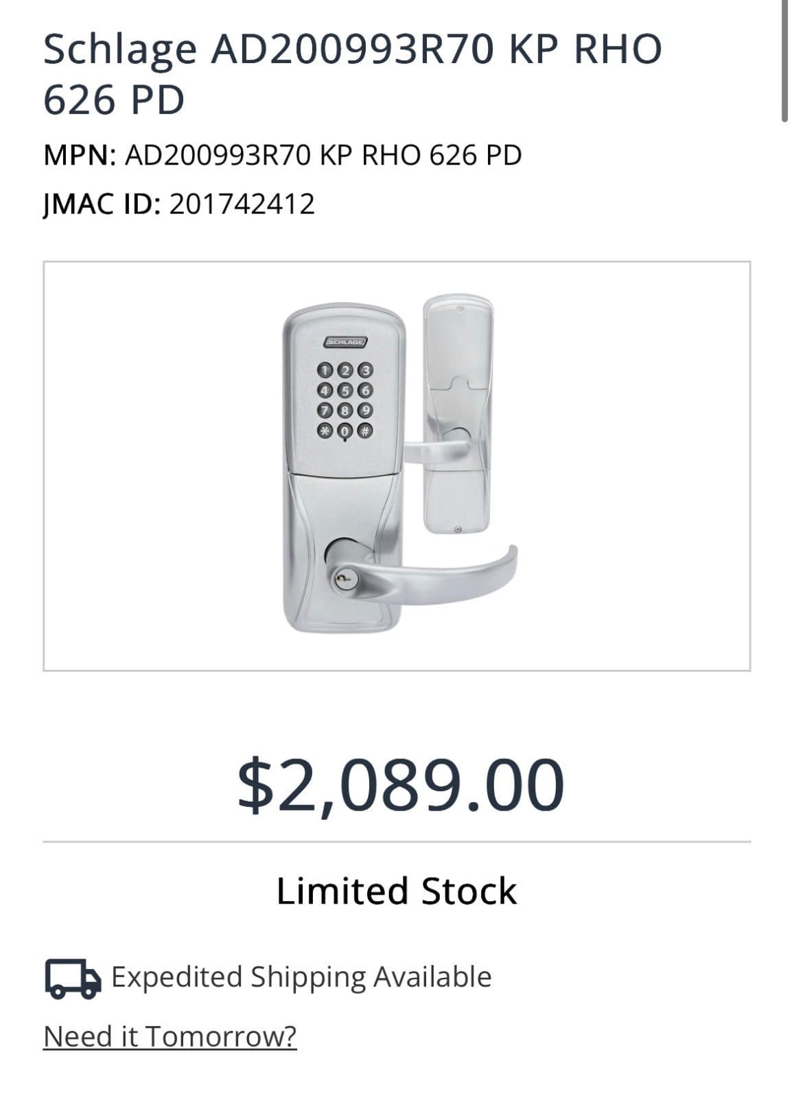 Schlage Commercial Keypad Lock CO200CY KP SPA 626 YA6