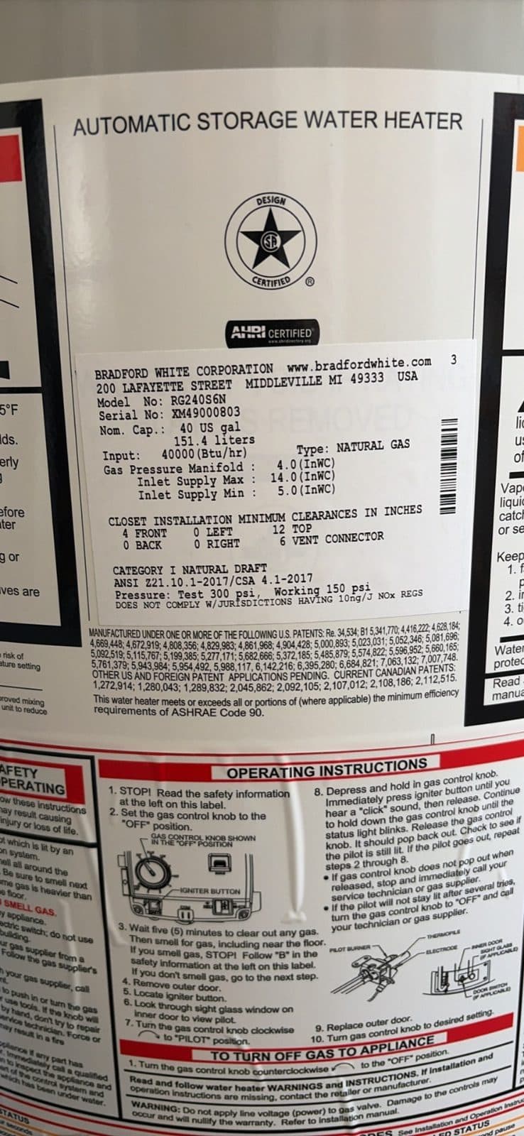 Natural Gas Bradford/White Hot Water Heater