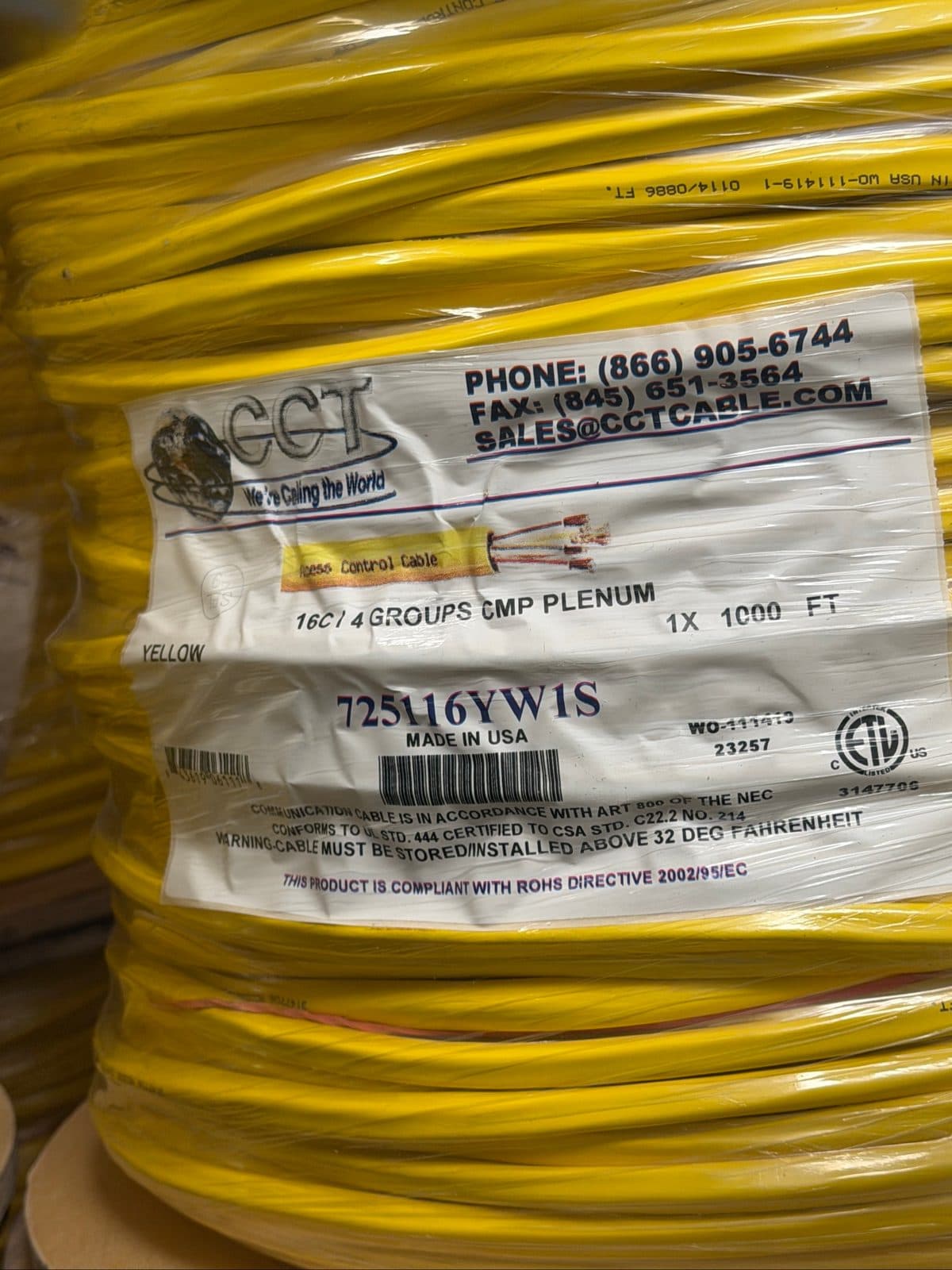 CCT 725116YW1S Access Control Plenum Cable 1000FT Reel