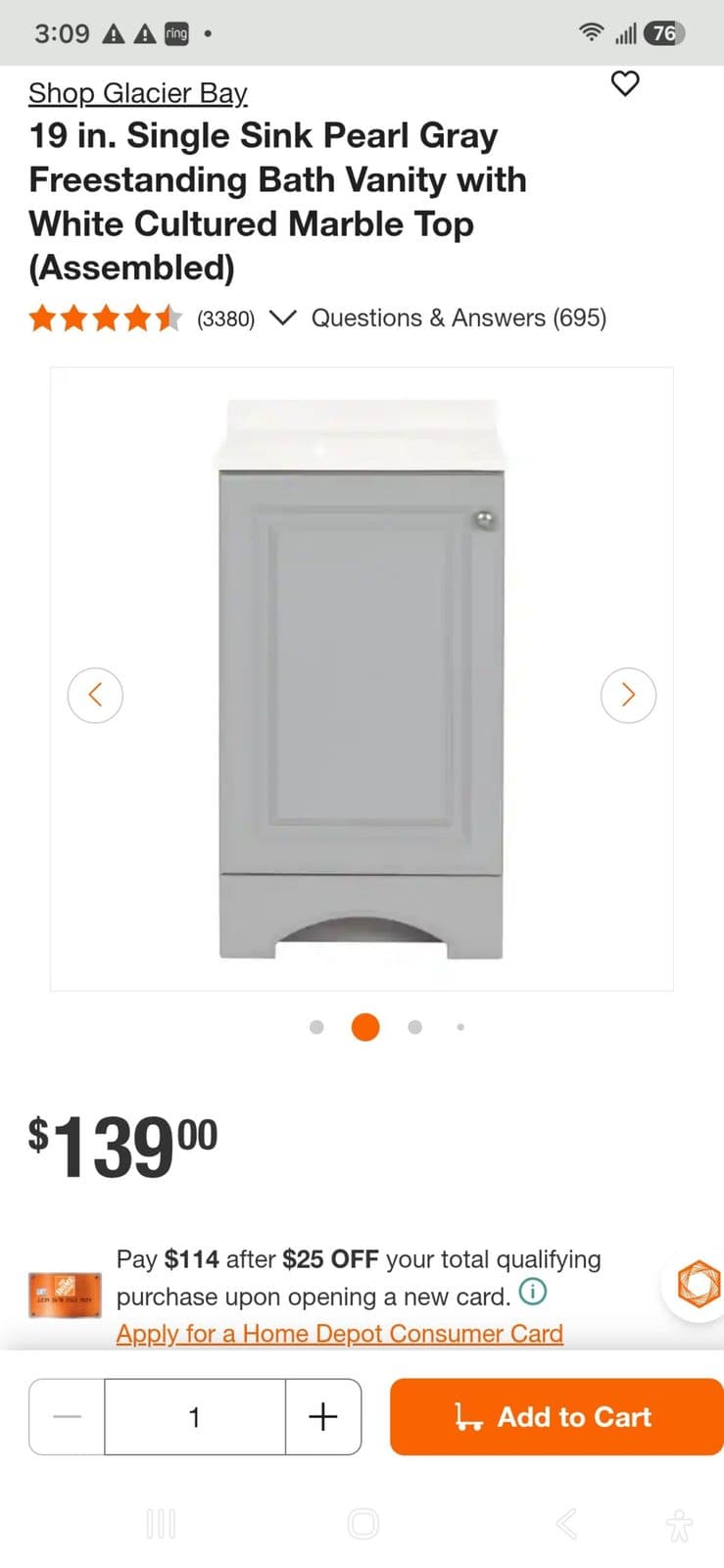Two 19" Glacier Bay 19 in. Single Sink Pearl Gray Freestanding Bath Vanity with White Cultured Marble Top (Assembled) with faucets that are after-market (added on) Not used unboxed w/ minor flaws