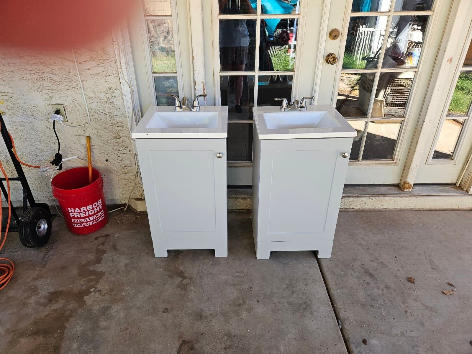 Two 19" Glacier Bay 19 in. Single Sink Pearl Gray Freestanding Bath Vanity with White Cultured Marble Top (Assembled) with faucets that are after-market (added on) Not used unboxed w/ minor flaws 2