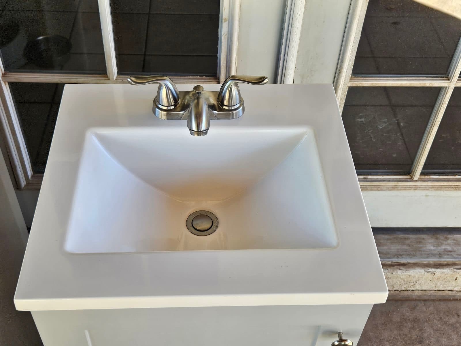 Two 19" Glacier Bay 19 in. Single Sink Pearl Gray Freestanding Bath Vanity with White Cultured Marble Top (Assembled) with faucets that are after-market (added on) Not used unboxed w/ minor flaws 4