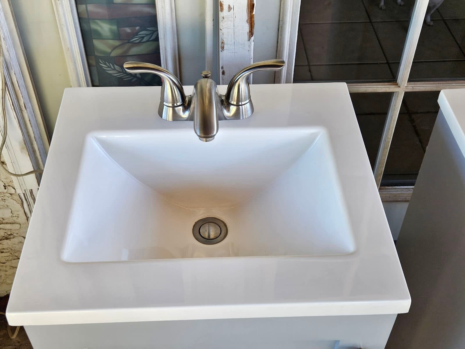 Two 19" Glacier Bay 19 in. Single Sink Pearl Gray Freestanding Bath Vanity with White Cultured Marble Top (Assembled) with faucets that are after-market (added on) Not used unboxed w/ minor flaws 3