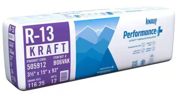 Fiberglass insulation batts, partial bag (Knauf R13, just opened)