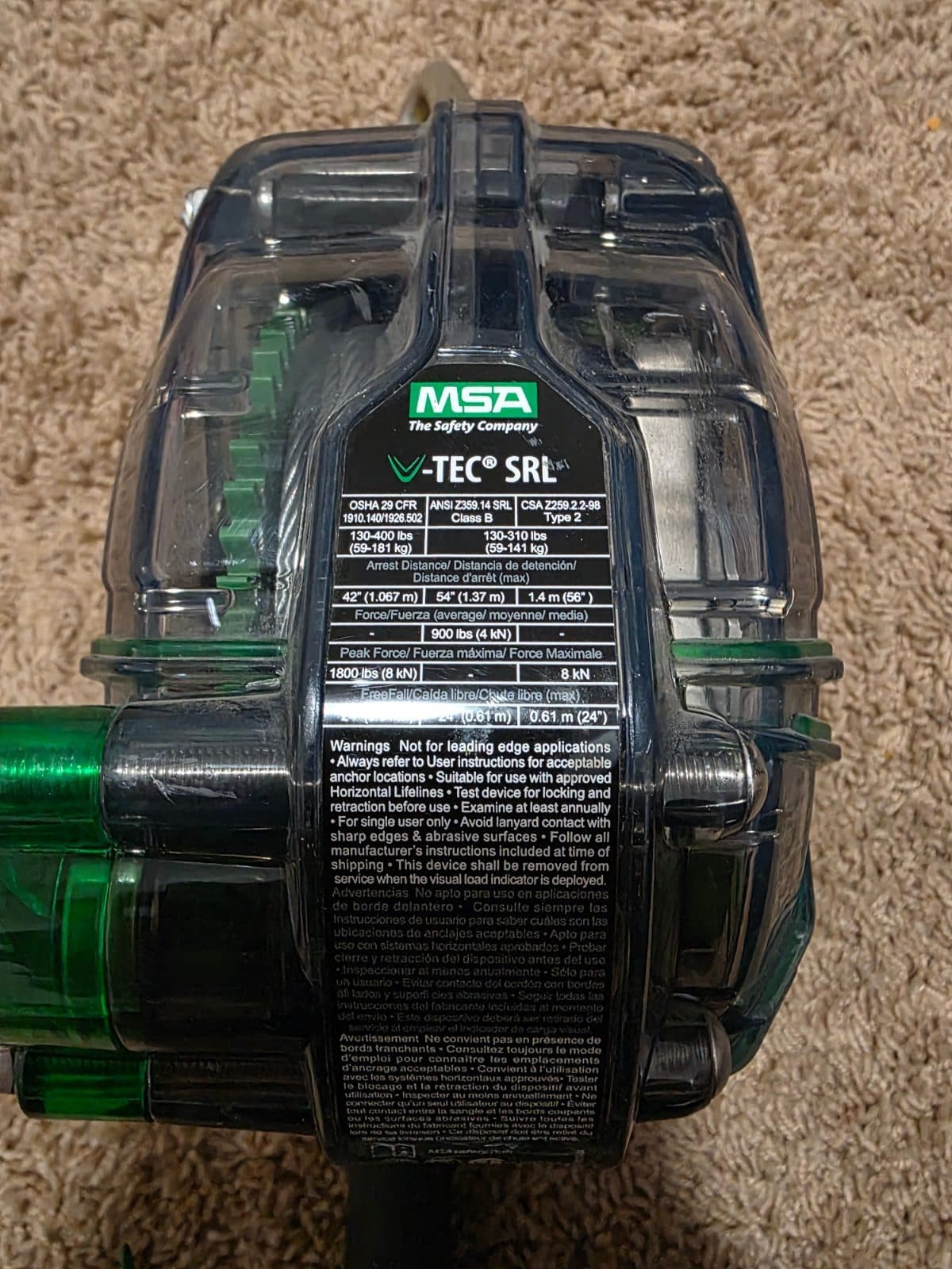 MSA Self-Retracting Lifeline: Stainless Steel Carabiner Anchor, Harness Steel Swivel Snap Hook 2