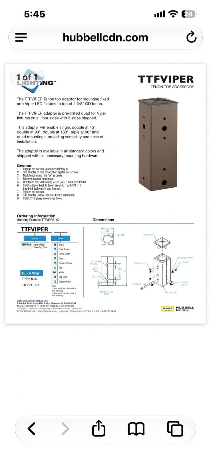 Hubbell TTF Viper Tenon fixed arm mounting adaptor 4