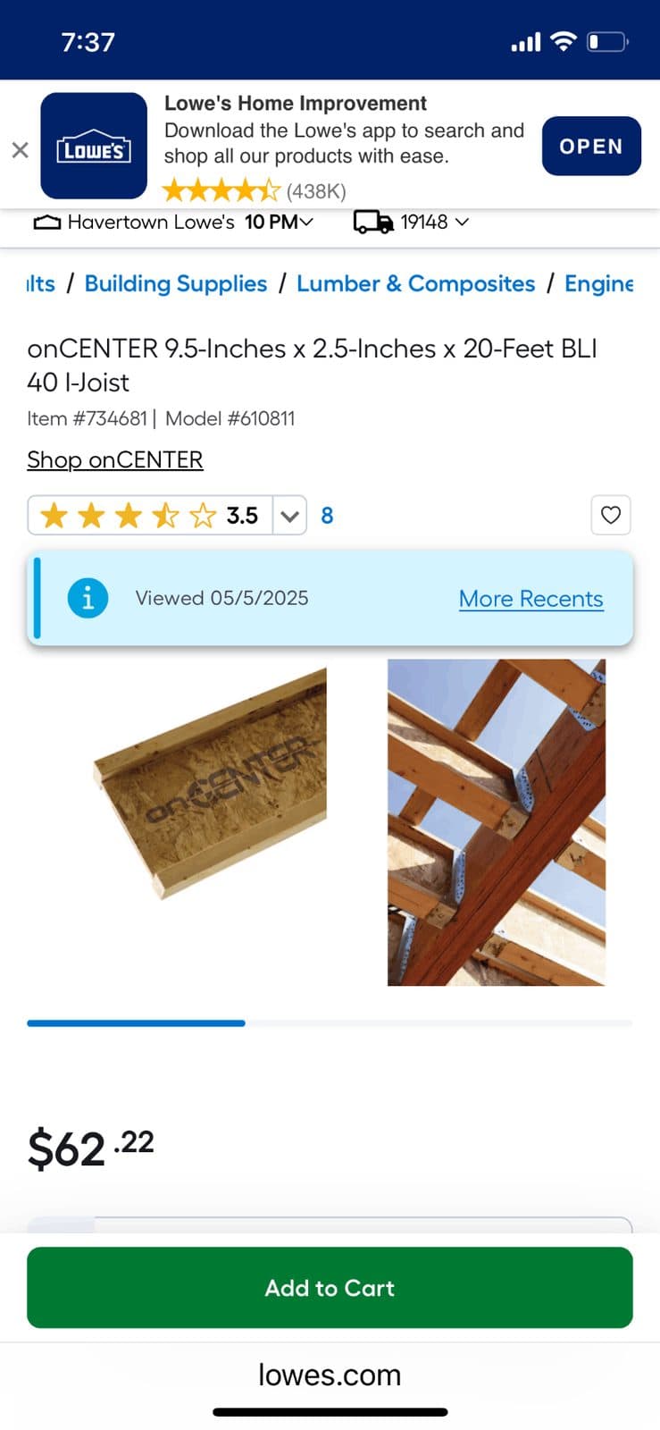 onCenter I joist 9.5 x 2.5 x 19.5 feet