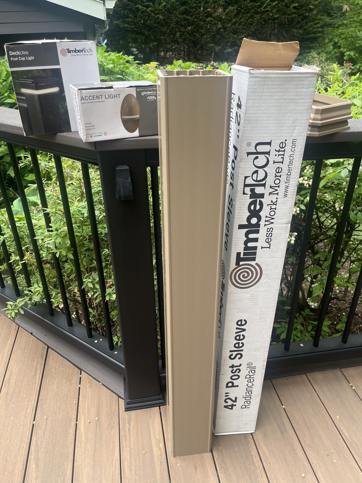 Timber tech Radiance Rail 42” post sleeve. Brownstone 5 by 5