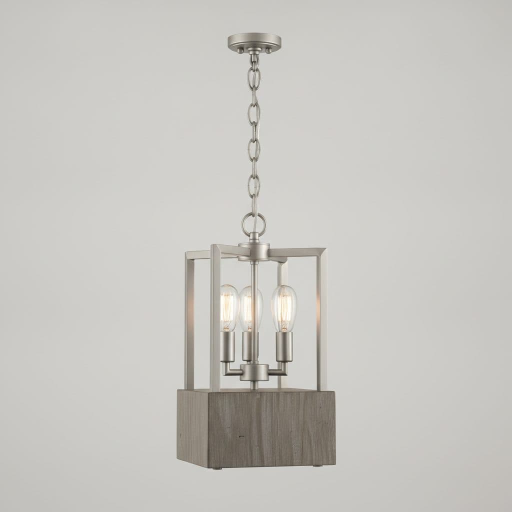 Boswell Quarter 14 in. 3-Light Brushed Nickel Pendant with Weathered Gray Wood Accents