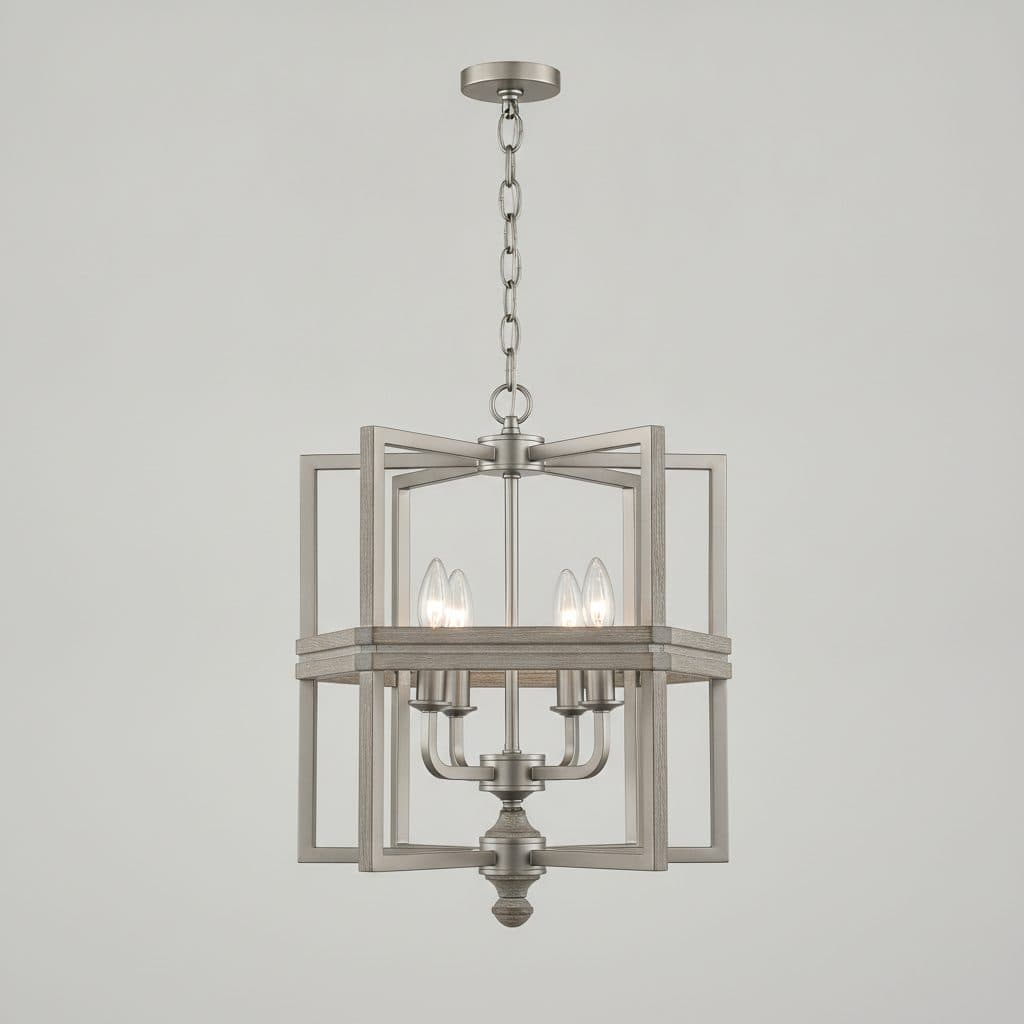 Boswell Quarter 5-Light Brushed Nickel Chandelier with Weathered Gray Wood Accents