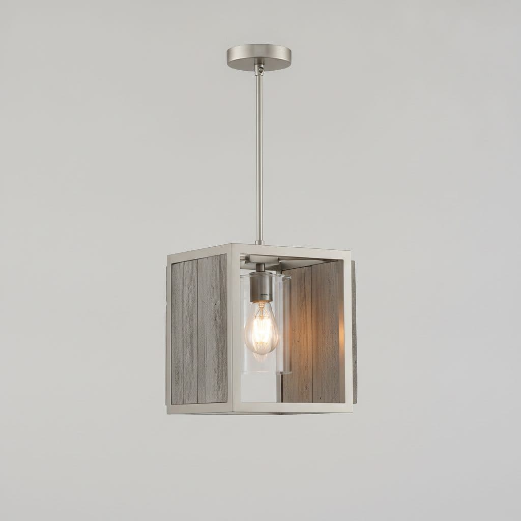 Boswell Quarter 1-Light Brushed Nickel Mini Pendant with Weathered Gray Wood Accents