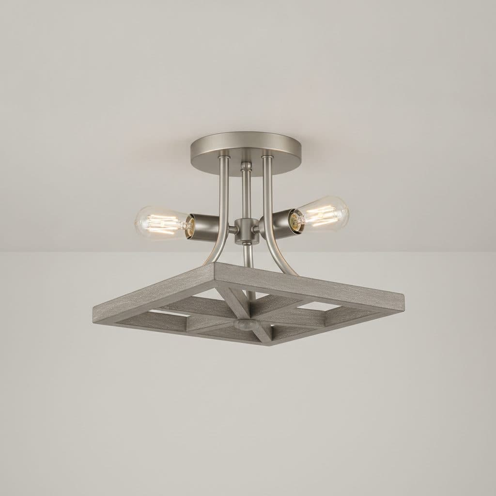 Boswell Quarter 12-1/2 in. 2-Light Brushed Nickel Flush Mount with Weathered Gray Wood Accents