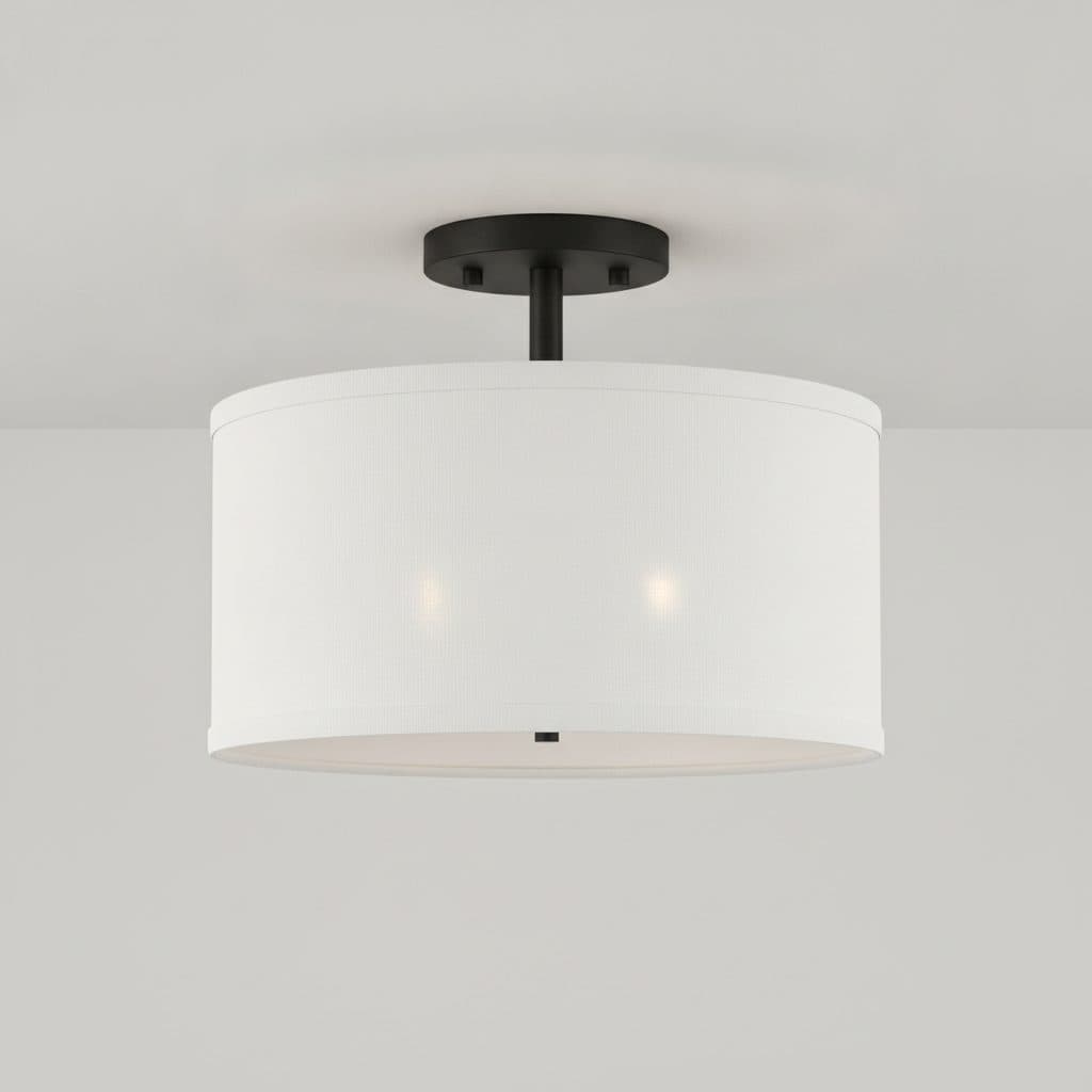 Brookley 14 in. 2-Light Matte Black Semi-Flush Mount with White Fabric Shade
