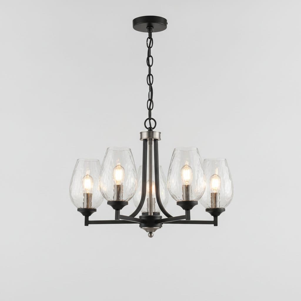 Elara 5-Light Matte Black and Brushed Nickel Chandelier with Clear Textured Glass