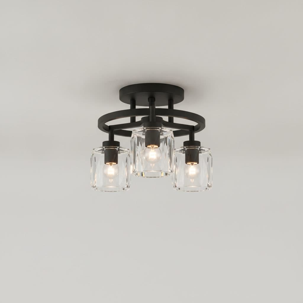 Kristella 12.5 in. 3-Light Matte Black Semi-Flush Mount with Clear Crystal Shade