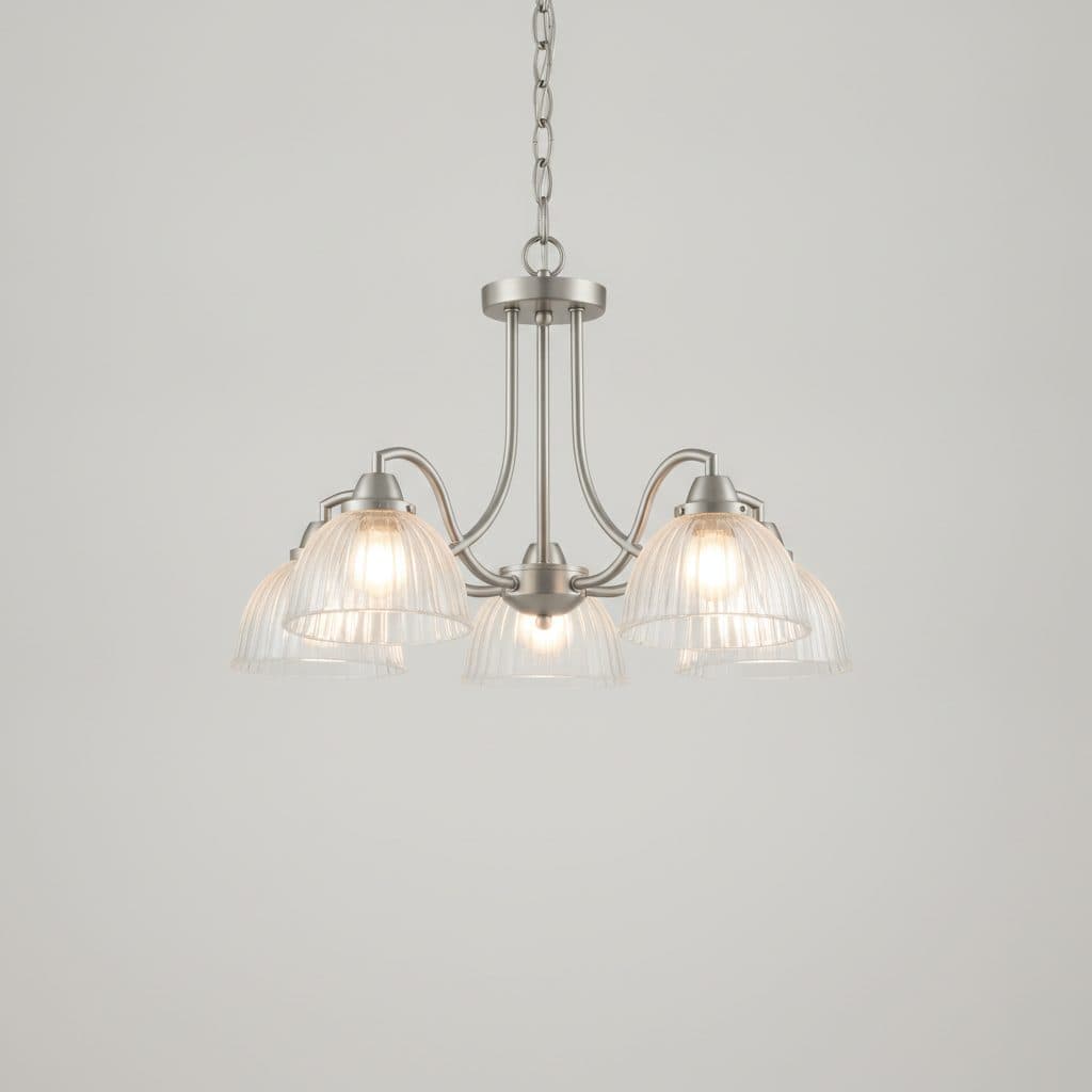 Delphi 5-Light Brushed Nickel Chandelier with Clear Ribbed Glass Shades