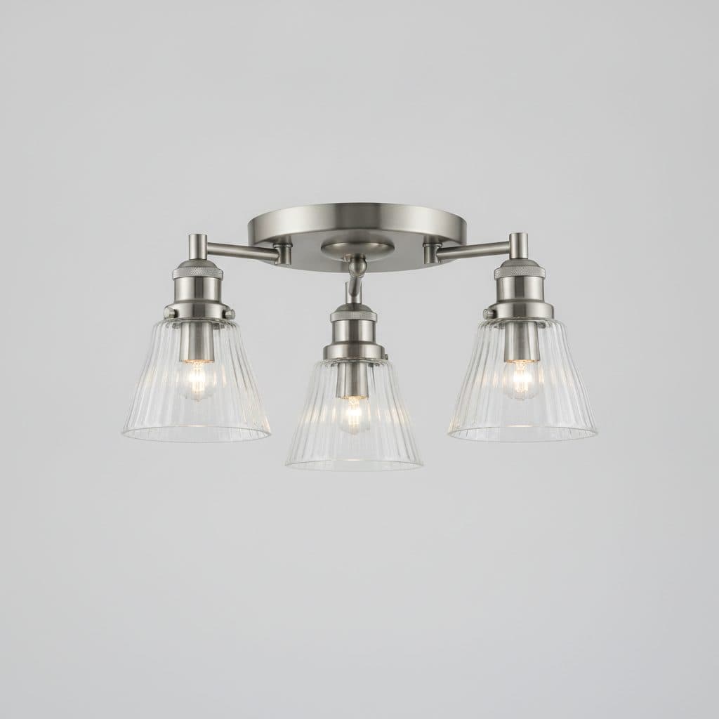 Delphi 13.25 in. 3-Light Brushed Nickel Flush Mount with Clear Ribbed Glass Shades