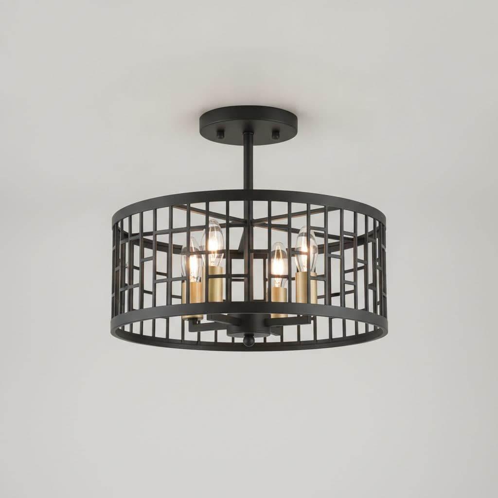 13 in. 4-Light Black and Gold Semi-Flush Mount with Caged Metal Shade