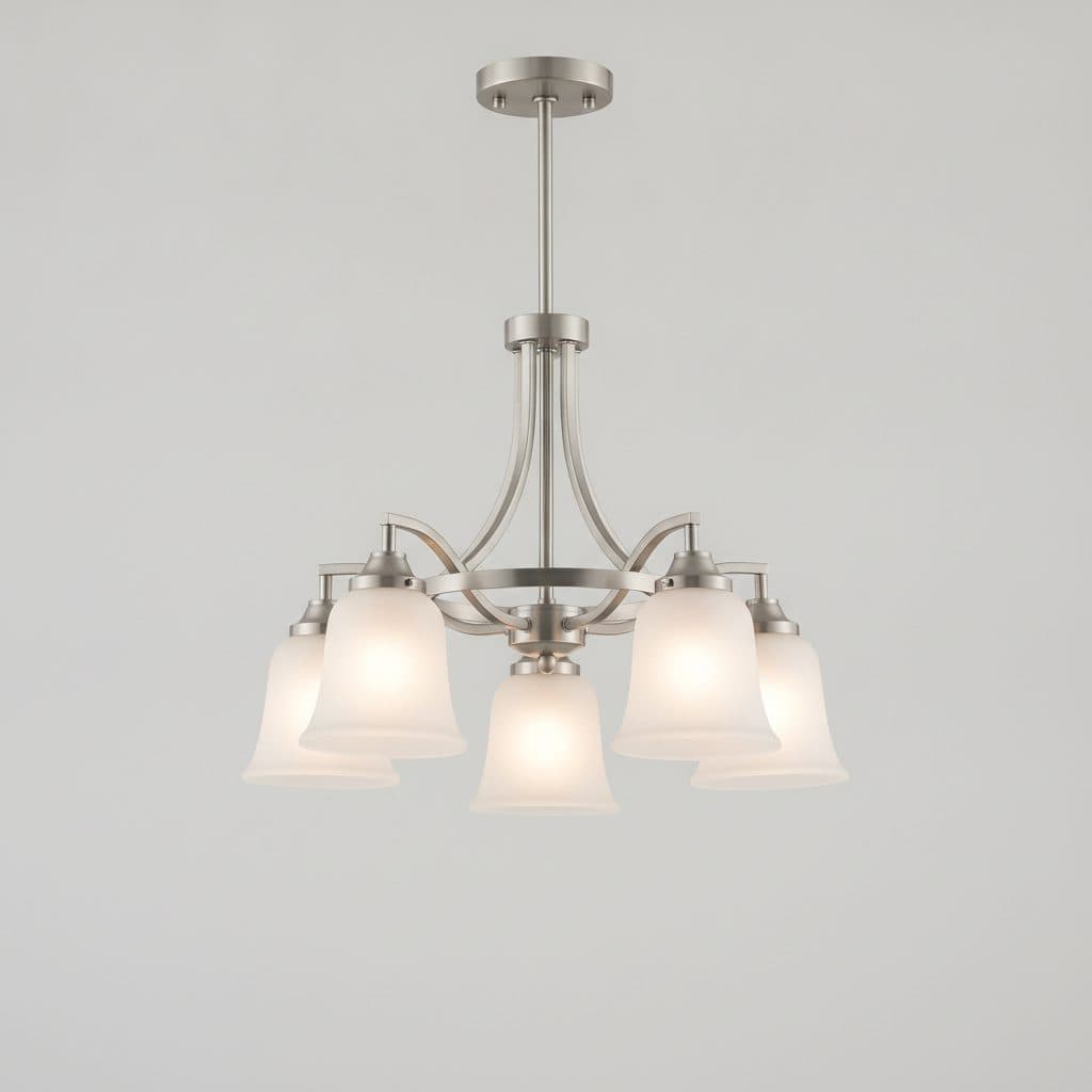5-Light Brushed Nickel Down-Light Chandelier Light Fixture with Frosted Glass Bell Shaped Shades
