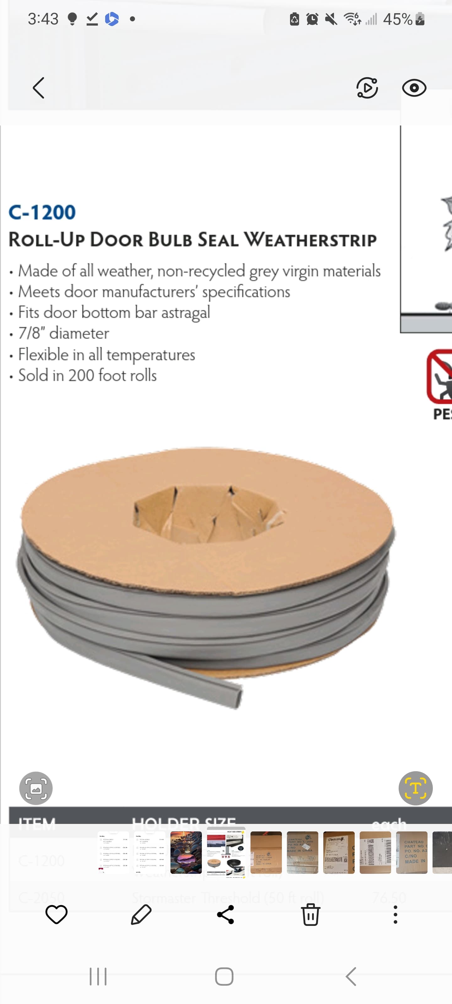 CHATEAU C-1200 Roll-Up Door Bulb Seal Weatherstrip