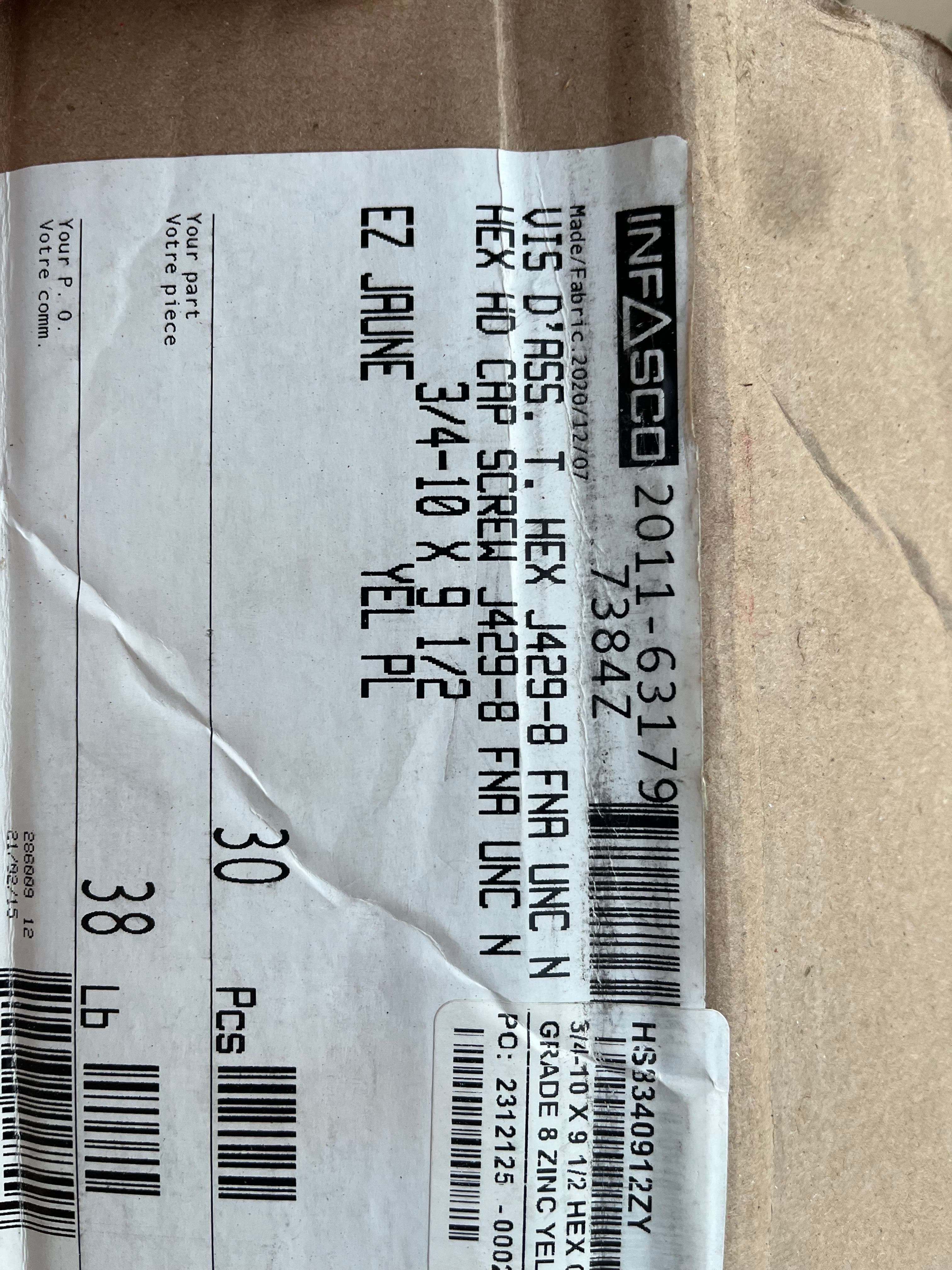 3/4-10 x 9-1/2” HEX HEAD Cap screws/Bolts Grade 8 Steel Zinc plated 3
