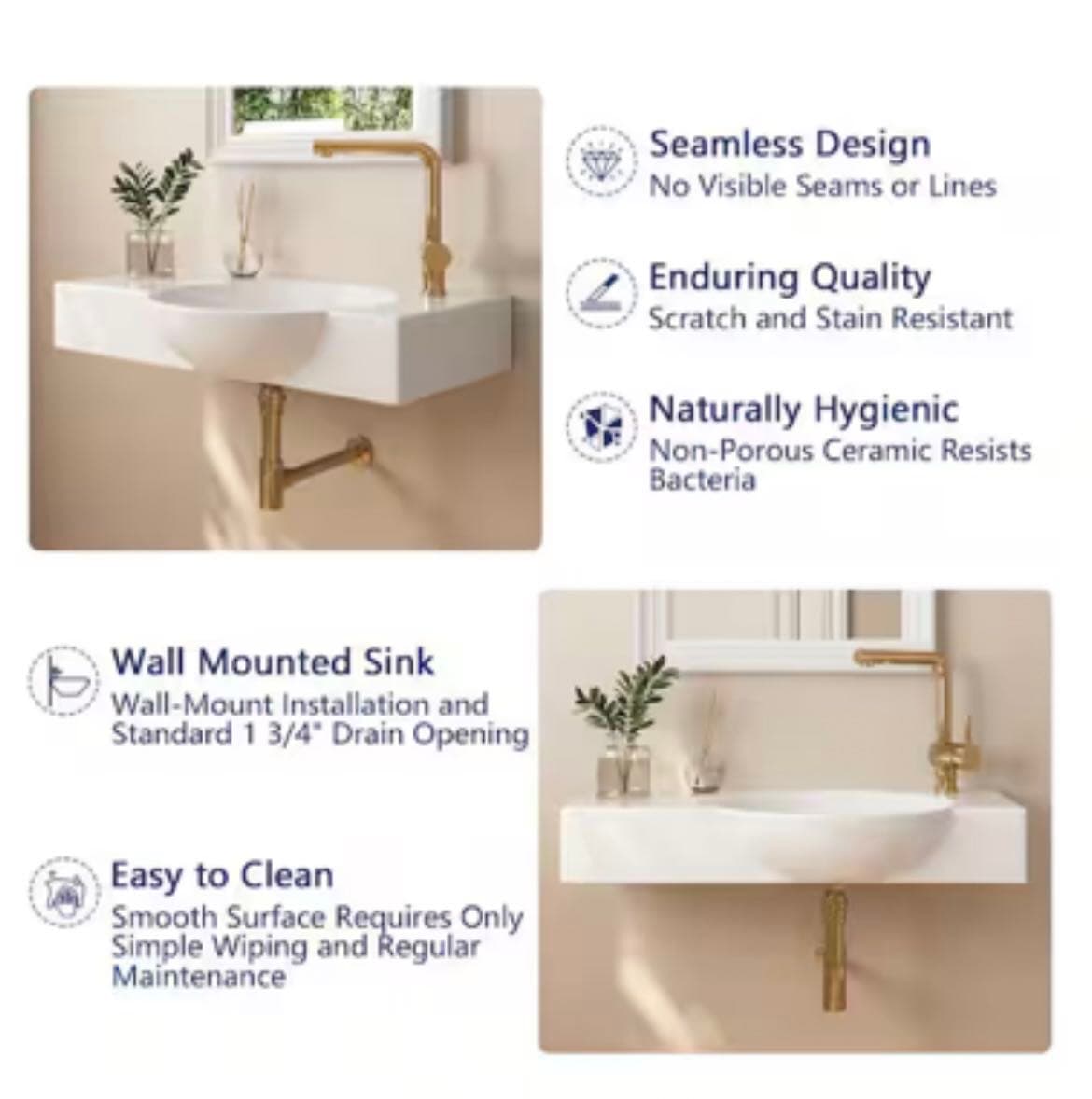 DEERVALLEY 30 in. Right Side White Ceramic Novelty Wall-Mount Sink Wall Hung Rectangular Bathroom Vessel Sink, Single Faucet Hole 9