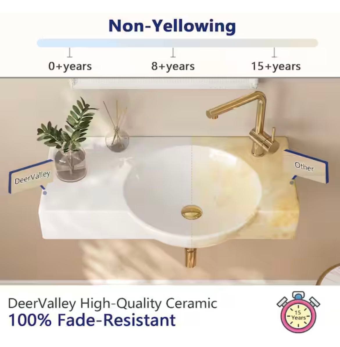 DEERVALLEY 30 in. Right Side White Ceramic Novelty Wall-Mount Sink Wall Hung Rectangular Bathroom Vessel Sink, Single Faucet Hole 12