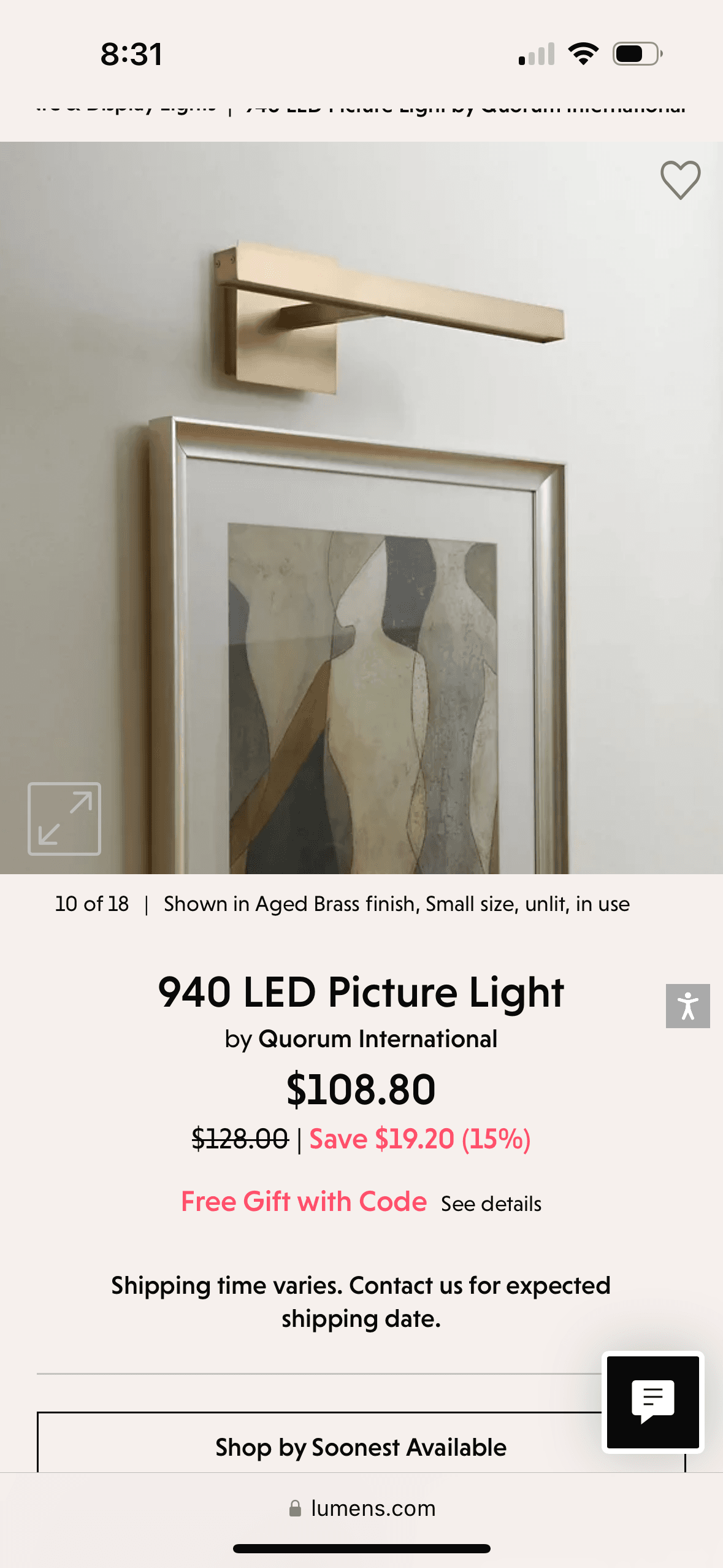 Quorom Aged Brassa 18* LED PICTURE LIGHT AGED BRONZE 940-18-80 4