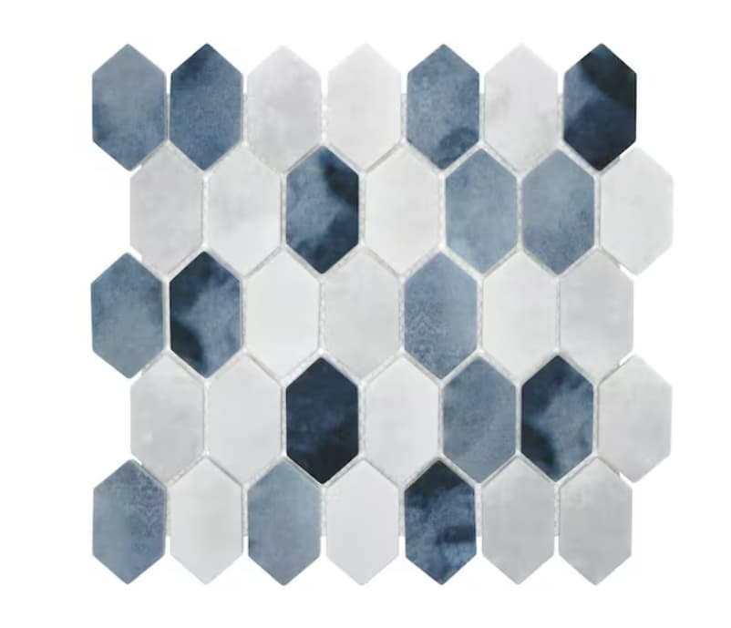 Picket Blue Mix 10.7 in. x 10.1 in. Long Hexagon Recycled Glass Cement Tile 3