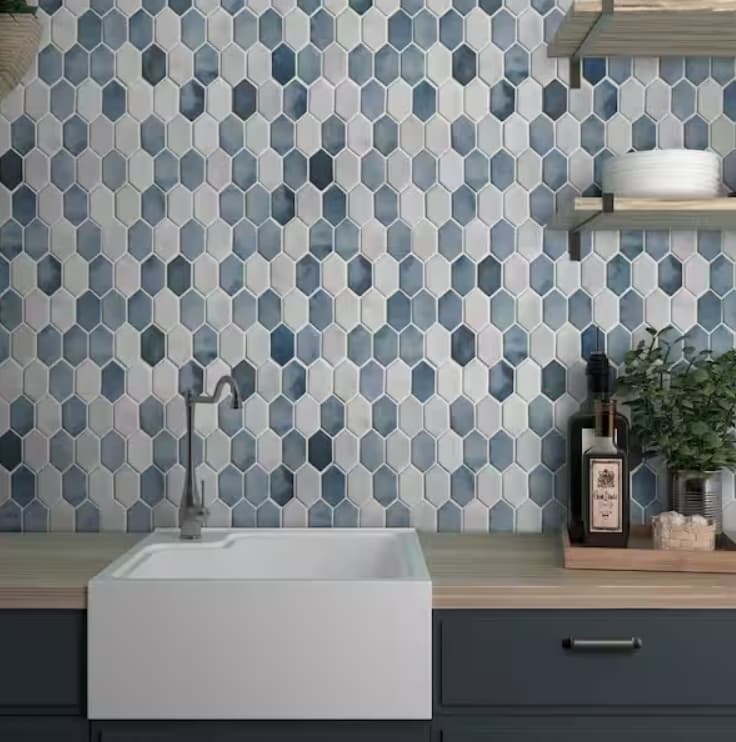 Picket Blue Mix 10.7 in. x 10.1 in. Long Hexagon Recycled Glass Cement Tile 4