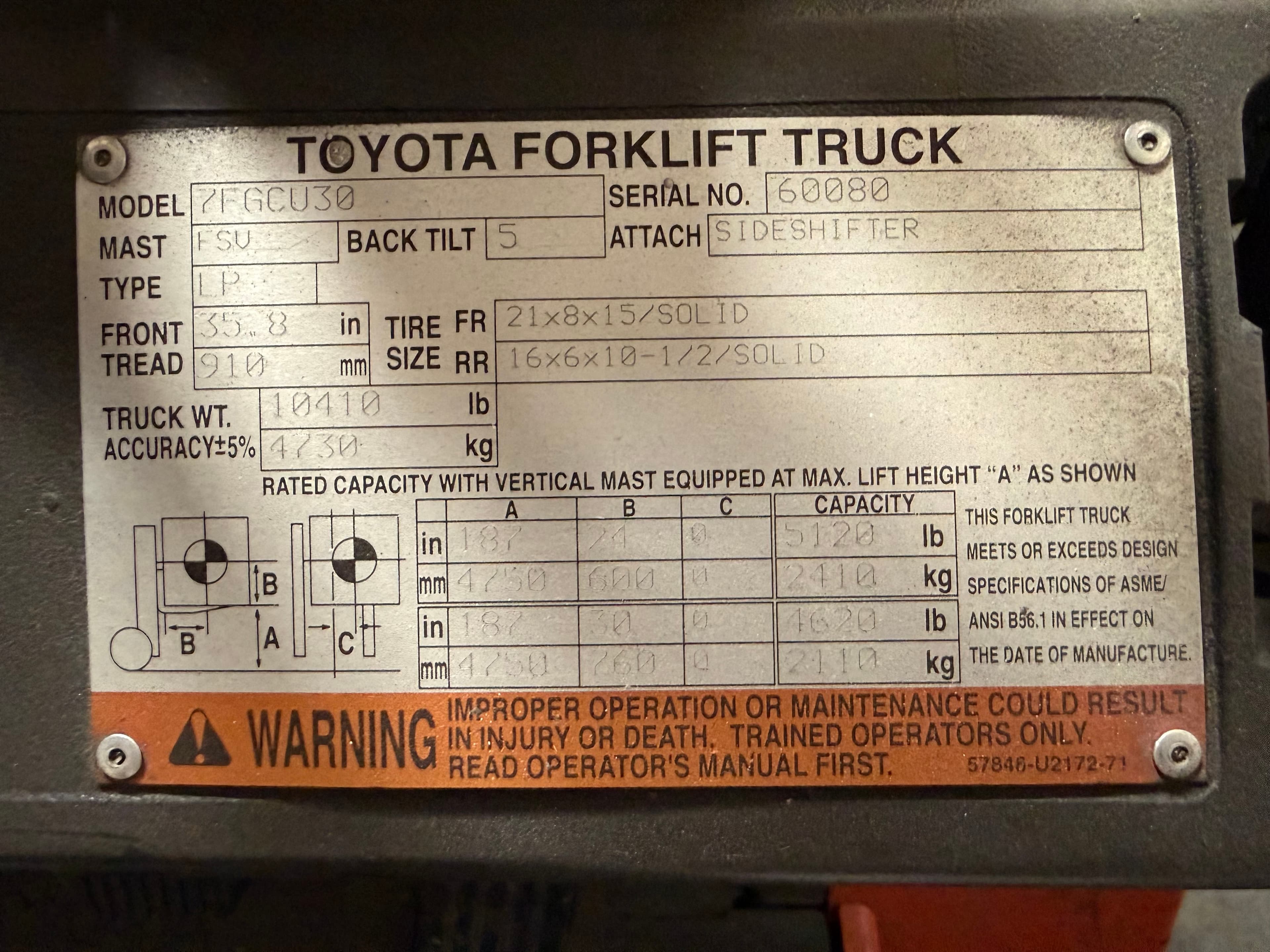 2000 Toyota 6,000lb Forklift - 7FGCU30 - 3-Stage Mast - 72” Forks 2