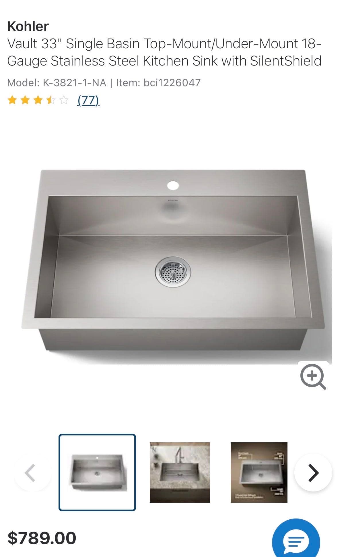 Kohler 33” Stainless Steel Kitchen Sink – NEW IN BOX