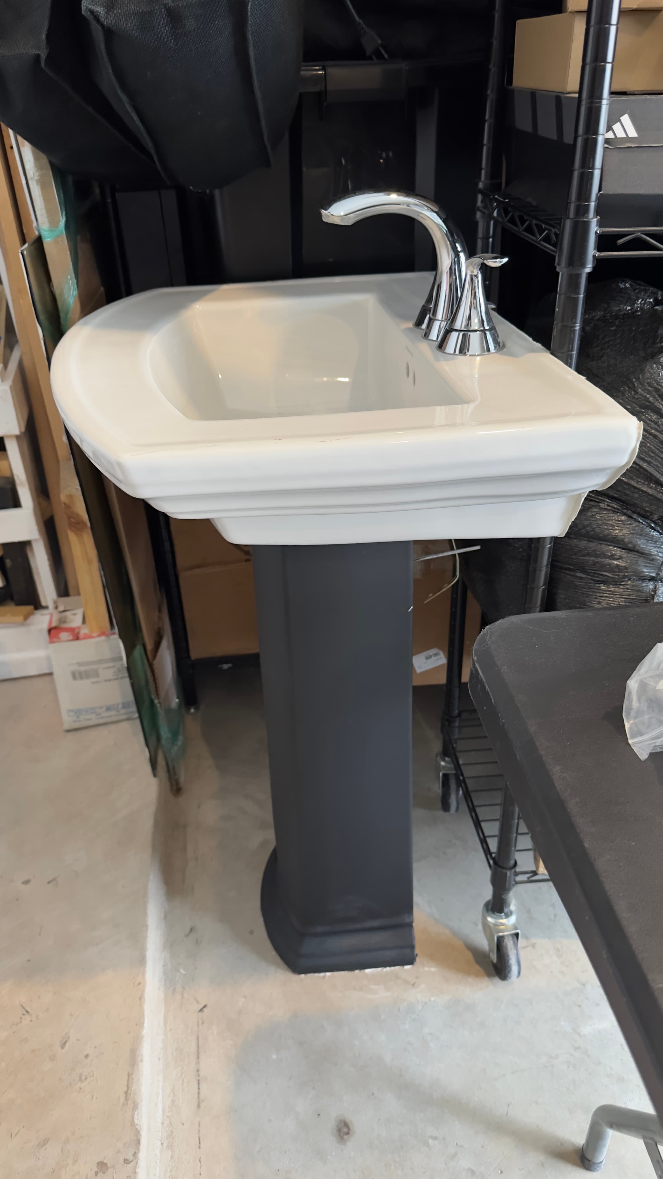 Pedestal sink/3 moen chrome faucets/various towel bars/tp holders etc 2