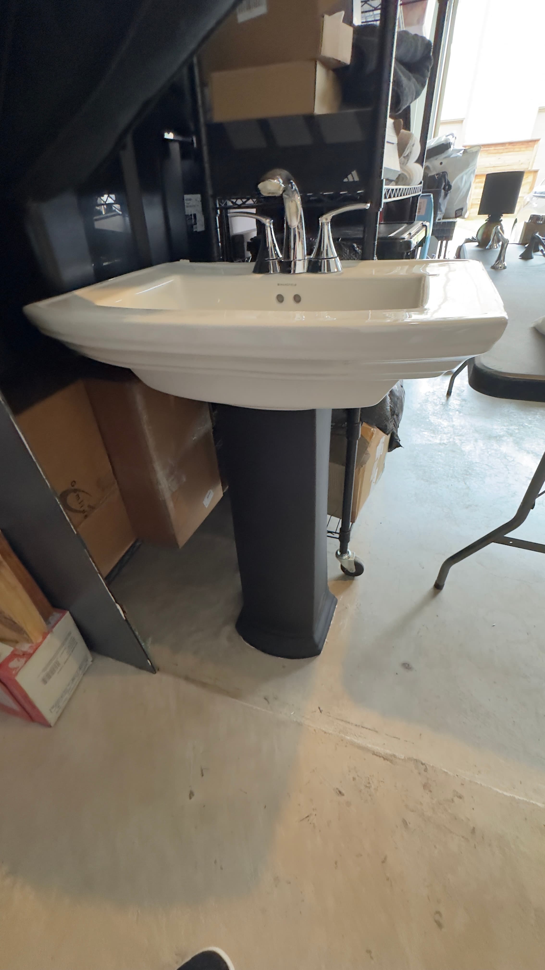 Pedestal sink/3 moen chrome faucets/various towel bars/tp holders etc